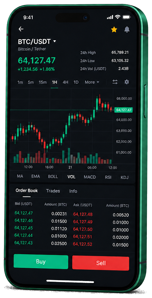 Treu Vermostein mobile trading platform — live BTC/USDT chart, order book and buy/sell interface